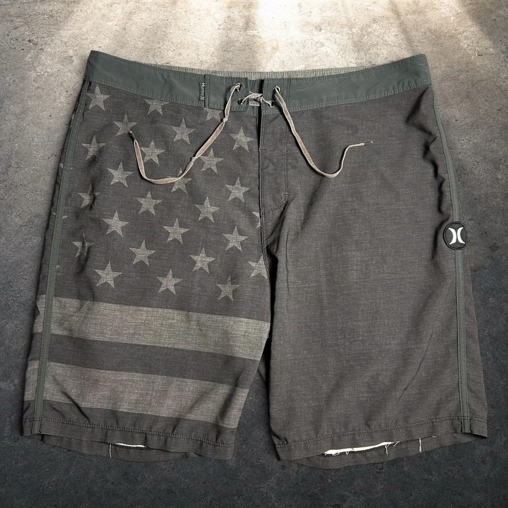 Hurley Phantom American Flag Board Shorts Gray Stars Stripes Mens 34 Size 36